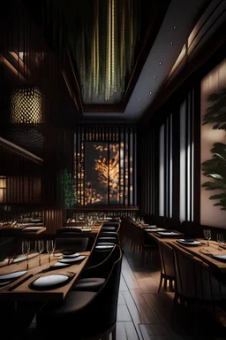 10k hyper realistic detailed luxury Modern Vietnamese restaurant surrounded with glass paneling, wide shot, dinning, busy, dark, misters