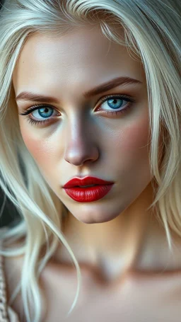 A beautiful women wax skin a little melting her eyes are all white her hair is from white small fathers and her lips is dark red