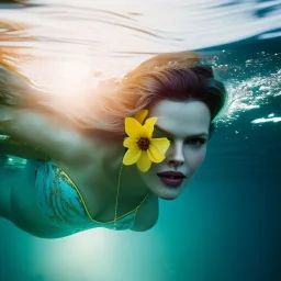 eva herzigova underwater with yellow flowers for hair, closed eyes, rtx, reflection, 8k, glow, winning photography, caustics