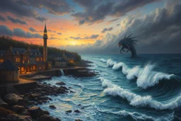 Beautiful masterful painting of a November dusk at the edge of the waterside town, waves and a sea monster in the stormy waters, lightning, tornados, meteor shower