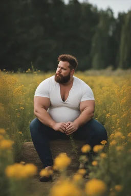 full figure photography, shy muscular big fat chubby, 35mm lens, burly italian man short hair, 27 years old sitting in the meadow with a flower in a hand, near a big farm , red short beard, , hairy armpits, manly armpits, ugly, manly chest, hairy chest, big shoulders, , huge belly, manly chest, shirtless, with boxer, emotive eyes looking at camera, photorealistic ,sunlight , ambient occlusion, side view, poetic composition, golden ratio