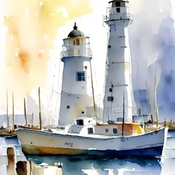 Boats in the marina with lighthouse in the background painted loosely in watercolour by Klimt