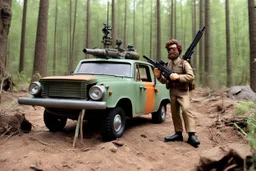 [1960’s stop-motion animation style in woods] a 70s rifle gun advertisement video TV featuring a crazy artist with black goggles brown curly hair and a grayish beard in combat fatigue holding a hunting rifle in front of his international scout automobile as a claymation character toy from a claymation horror movie in burning rainbow land, from hell, creepy Videos, eyeballs and trees everywhere , as old advertisement shot on video VHS