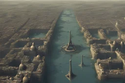 view of Paris in year 2200 after the water raised high, with blade runner style buildings