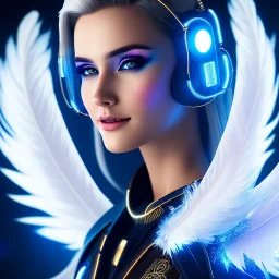 A beautiful portrait of a cute smiling cyberpunk woman with wings, long blond haire, high key lighting, volumetric light high details with white stripes and feathers and blue celtic paterns and luminous glasses in a starry background