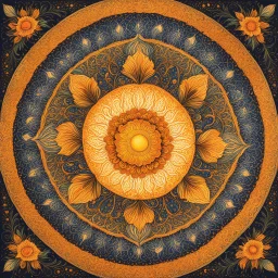 Picture a mandala, intricately designed with delicate petals and flourishing foliage. At its center, a radiant sun bursts forth, casting its warm golden rays across the canvas. The sun, representing the rejuvenation of life, is adorned with intricate patterns resembling blossoming flowers, symbolizing the awakening of nature. Radiating from the sun, the mandala expands with an array of vivid hues. Imagine petals in shades of soft pastel pinks, gentle lavender, and cheerful yellow, each one metic