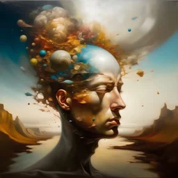 A modern day surrealist oil painting: tMy Exploding Head is the title of this piece, dutch master, , --ar 15:9 : Pixel Glass, Looking inside the landscape of the mind, the subatomic cosmic plains of perception,See inside the mind, the world inside my head, Broken opaque eggshell head, A hollow woman made of shiny eggshell, contemplation, her head is cracked wide open like an egg and you can see inside , crazy art idea’s bursting and jumping and exploding out of the broken egg head ,, surrealist