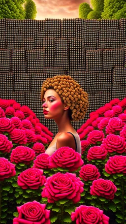 between roses, cube-headed woman among roses by peter nedves, bizarre, surreal