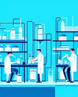 Vaccine research, scientists conducting experiments in laboratory. Vector illustration in flat style