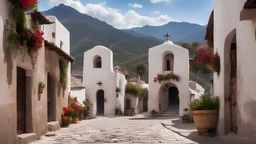 Una calle de un pueblo de montaña mexicano con adoquines, trabajos de hierro y techos de tejas y flores, un campanario de iglesia blanco