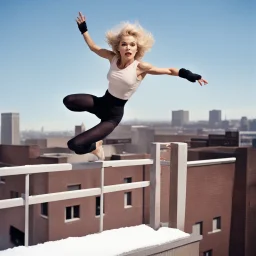 Sandra Dee in agent provocateur parkour athletes, jumping over a fence, jumping over a hedge, jumping onto a roof, aiding and abetting and jumping onto the roof of a building, and finally jumping from the roof of a building to the roof of a building far away, victory pose. Winter clothing.