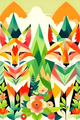 korean fox-ear lesbians in forest flowers geometric art