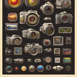 components of the camera laid out flat. poster design. high detailed. oil on canvas.