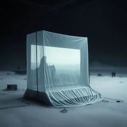 A super high definition photo of a dark open space with structures and a large computer screen. A transparent tarpaulin covers an image resembling a ruined building. There is a group of figures in the background and a high hill in the distance. The surface below is in a pastel color. Fog is present. Scientific terraforming ongoing