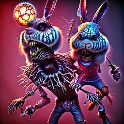 Bug bunny personnage cartoon style zombie iron maiden joue guitare,yeux rouges injecté sang 4k détail ultra Fibonacci