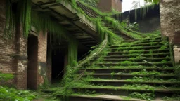 Nature has reclaimed this artificial space, allowing vegetation to grow over the stone staircase and spread throughout the abandoned brick structure, even filling its interior spaces. This symbolizes nature's resilience and its eventual triumph over human endeavors. It suggests that even the most robust constructions will succumb to the forces of nature if left unattended, highlighting the impermanence of human creations in the face of time and the constant growth of the natural world.