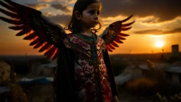 A Palestinian girl have wings wearing an embroidered dress in gaza during sunset in winter.