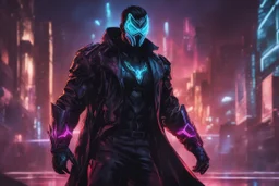 Man with RGB cyber mask in 8k solo leveling shadow artstyle, Crystal and Symbiote them, neon effect , magic circle, close picture, full body, apocalypse, intricate details, highly detailed, high details, detailed portrait, masterpiece,ultra detailed, ultra quality