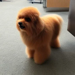 A fluffy dog under a chair