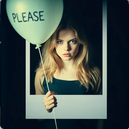 a young sad woman who looks like blond Elle Fanning, holding a balloon where is it written "PLEASE", surreal, liminal atmosphere, polaroid