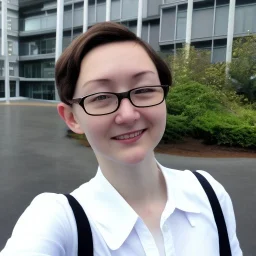 A short haired, female computer engineer taking a selfie in front of Building 92 at Microsoft