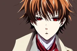 Detailed pretty anime boy, brown hair with blonde strips, keep head in frame, headshot, glaring, brown eyes, covered in bandages, looking serious, illustration, digital painting, only one character, color scheme red, wearing many bandages, Osamu Dazai inspired, anime inspired, manga, dazai, red hair, Chuuya, pretty, scruffy, angry, brooding, manga inspired, small nose, long lower eyelashes, handsome, widows peak, headshot, glaring, cute, wearing a bandage on neck, small nose, scruffy hair