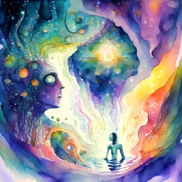 A watercolour painting, A drug addict gazes into a swirling pool of hallucinogenic substance, connecting their mind with benevolent alien entities. In their fantasy, they become a conduit for cosmic wisdom, exchanging thoughts and dreams with extraterrestrial beings amidst a kaleidoscope of interstellar colors.