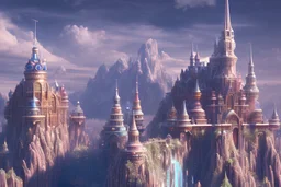 A crystal transparent castle centered around mountains, high resolution, realistic, beautiful, volumetric lighting, colorful, masterpiece, crystalline, strong blue color, detailed, aerial view, 8K, intricate details, cyberpunk, cosmic