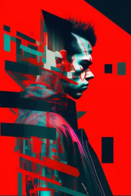 skip skip skip vs art jux tox, arafed abstract red patterns, cyberpunk juxtapositions parallel with arafed probabilities, no outlines, 2D photography, glitch pattern background, eye closed, eye reduced to single line, slight smile, dramatic, dynamic, tilt dynamism, double exposure, negative space, liminal space, tint leaks, glitch fragments, scream vibe, caffeine vibe