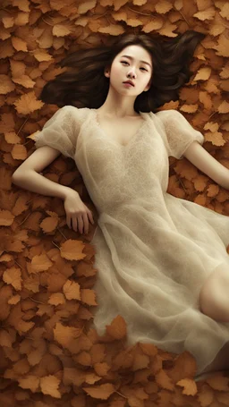 a woman laying on top of a pile of leaves, jingna zhang, portrait of female korean idol, cgsociety 9, realistic portrait photography, by Sim Sa-jeong, lensculture portrait awards, by Kim Deuk-sin, by Kim Tschang Yeul, alessio albi and shin jeongho, jinsung lim, realistic fantasy photography