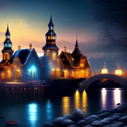 Fantasy city, cove, dock, night, large