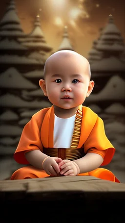 A 3-year-old monk boy with round cheeks, sitting, looking at the camera, monk costume, cute and cute, masterpiece, high quality, highly detailed.