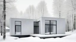 Modern and minimalist house in a winter environment is light gray, with vertical siding that gives it a subtle texture. There are small rectangular windows and a visible door, all emitting warm light from the inside. The house is situated in a snowy landscape, with several bare trees scattered around, suggesting that it is winter or a cold region.