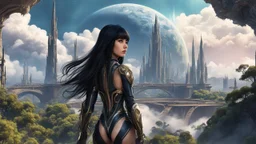 exotic slim sci-fi girl, with long dark hair with bangs, on an alien planet with tall cloud trees, tall spires, buildings, bridges, arches, photorealistic