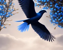 a detailed illustration of a black and blue phoenix sitting on a branch of a tree, phoenix bird wallpaper, luminescent body, glinting wings, full body, symmetrical body, realistic, glowing wings, sharp focus, meticulously detailed, soft evening sky, 64k