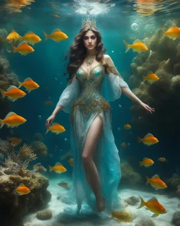 Full body shoot excellent pose gorgeous Beautiful Queen photography art realistic,cinematic colors,soft blur ,natural beauty, of young woman, smiling, beautiful, shiny grey eyes, beauty make up,Queen Persian style, shiny baubles, ornate, large gemstones, shiny molten metalics, shiny wire filigree, brown hair, high definition, Walk in underwater scene teeming with colorful fish nemo, many full fishes swim, and gentle sea turtle