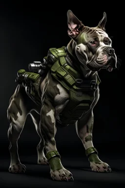 dog full body, action pose, muscular hulk anatomy with sci fi, gear of war armor, holding a gun, helmet