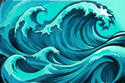 a background of a fun stylized waves with smooth black linework, blue teal tones, surf culture, parody of "the great wave", kawaii cute