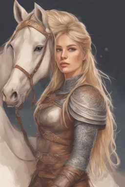 A drawing of beautiful woman with blond hair, viking braids Brown leather armor. Horse