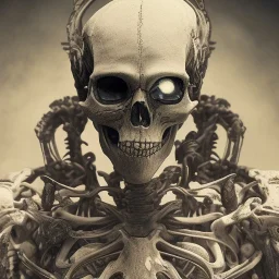 old skeleton warrior, blood flows down the skull, hr giger, steam punk, realistic, made in octane, cinematic, ultra-realistic, extremely detailed octane rendering, 8K, VRAY Super Real ar 2:3, dof photorealistic futuristic 50mm lens hard lighting dark gray tintype photograph, realistic lighting, sepia color