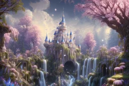 a fairy tale style, white gold castle，waterfall, flowering trees, full of details, smooth, bright sunshine，soft light atmosphere, light effect，vaporwave colorful, concept art, smooth, extremely sharp detail, finely tuned detail, ultra high definition, 8 k, unreal engine 5, ultra sharp focus, magic ambient,