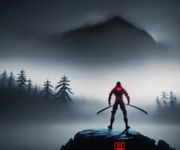 fog as Ninja portrait, black suit, in the night Alps, angels background, volumetric red light, high detail, dark leaf tree, dark mountains in background, perfect, HR Giger style, holding a sword, fighting, cinematic, painting