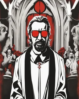 hans gruber as an angry priest wearing red sunglasses