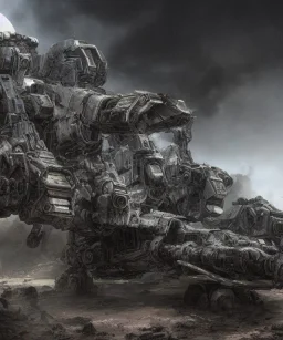 Crashed photorealistic futuristic destroyed mechanical mechwarrior abandoned wreckage in old battlefield blast crater on the lunar surface ancient pyramid temple