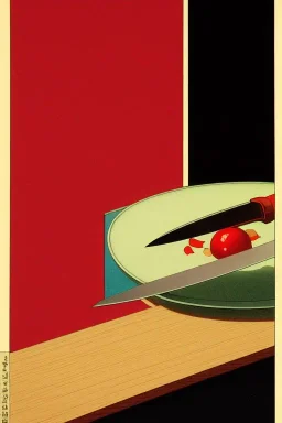 As three color image of a chef knife, by kawase hasui, moebius and edward hopper,gustave dore, colorful flat surreal design, hd, 8 k, artstation