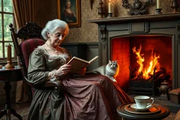create an elegant old English parlor scene, noble elderly woman in richly detailed 1800s gown, seated by a roaring fireplace in a rocking chair, reading as a fluffy Persian cat with glowing green eyes rests on her lap, candlelight flickering, antique wallpaper, teacup and porcelain tray nearby --ar 3:2 --v 7 --style raw