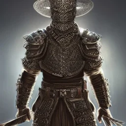 Full body portrait,"Insanely detailed photograph of an armored mariachi warrior with sword", intricate chainmail charo,detailed Sombrero, intricate D20 buttons, digital painting, artstation, concept art, smooth, sharp focus, illustration, art by artgerm and greg rutkowski and alphonse mucha, 8 k