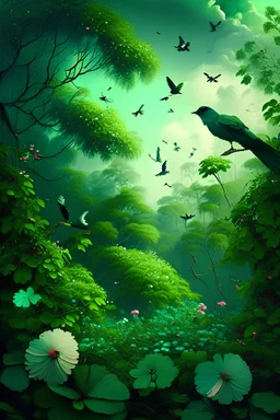 Green forest with the flowers birds and clouds