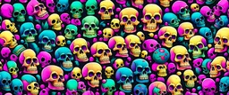 a field of 1000s of cartoonish, anatomically correct, skulls, vivid RANDOM BRIGHT neon colors, dark comedy, well lit, high detail, photorealistic, horrorcore, fun, scary, dead, 100% detail on all drawn, nothing partial or filler, by fictional tattoo artist