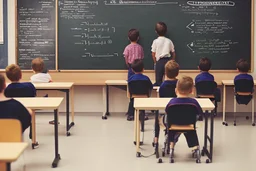 class of children's students, view from the back of the class, looking at the blackboard, students sitting at their desk and a student writing on the blackboard, real photography, reality, photojournalism